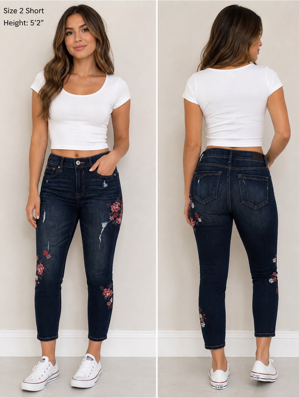 Express Mid Rise Distressed Dark Wash Skinny Stretch Jean Pink Floral Embroidery